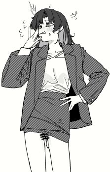 1girl blazer blush censored commentary_request earrings greyscale hand_on_own_hip highres jacket jewelry long_hair mattsuu monochrome no_panties original pencil_skirt pussy pussy_juice simple_background skirt smelling solo sweatdrop white_background