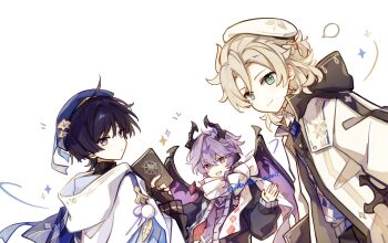 Rule 34 | 3boys, absurdres, ahoge, albedo (genshin impact), alternate costume, argyle clothes, argyle sweater, artist name, beret, black gloves, black hair, black jacket, black sweater, blonde hair, blue cape, blue hat, blue sweater, blunt ends, blush, book, bow, braid, bright pupils, buttons, cape, closed mouth, collared shirt, dragon boy, dragon horns, dragon tail, durin (genshin impact), eyeshadow, fingerless gloves, floral print, from behind, genshin impact, gloves, gold ring, green eyes, hair between eyes, hand up, hat, heart, heart print, highres, holding, holding book, hood, hooded jacket, horns, huhu norii, jacket, leaf, long sleeves, looking at viewer, makeup, male focus, multiple boys, notice lines, open clothes, open jacket, open mouth, pink eyes, pom pom (clothes), puffy long sleeves, puffy sleeves, purple eyes, purple hair, purple ribbon, purple vest, red eyeshadow, red jacket, ribbon, scaramouche (genshin impact), scarf, shirt, short hair, sidelocks, simple background, single braid, smile, sparkle, star (symbol), star button, sweater, tail, turtleneck, turtleneck sweater, two-sided fabric, two-sided jacket, vest, wanderer (genshin impact), white background, white bow, white hat, white jacket, white pupils, white scarf, white shirt