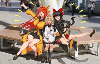 3girls apron arm_up armor bare_legs black_hair black_shirt black_skirt blonde_hair bow brown_headband chatan_nakiri_(tenka_hyakken) chiganemaru_(tenka_hyakken) chiyoganemaru_(tenka_hyakken) commentary_request dark-skinned_female dark_skin flats frilled_apron frills green_eyes hand_up headband highres japanese_armor jip kappougi kneehighs legs_up long_hair long_sleeves multiple_girls notice_lines on_bench open_mouth orange_eyes orange_hair photo_background red_ribbon red_skirt ribbon scrunchie shadow shirt short_hair shoulder_armor skirt smile socks sode tenka_hyakken yellow_bow yellow_eyes yellow_shirt