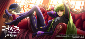 1girl arm_up black_cape black_gloves black_helmet blue_bodysuit blue_shoes bodysuit breasts c.c. cape code_geass code_geass:_lost_stories commentary_request cosplay couch crossed_legs dutch_angle f4samurai from_behind full_body gloves gold_trim green_hair hand_on_own_cheek hand_on_own_face helmet high_collar indoors long_hair long_sleeves looking_at_viewer looking_back lying medium_breasts official_art on_back on_couch parted_lips shoes sidelocks solo teeth two-sided_cape two-sided_fabric unworn_headwear unworn_helmet window yellow_eyes zero_(code_geass) zero_(code_geass)_(cosplay)