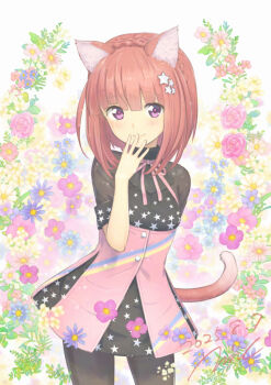 1girl aikawa_aika alice_gear_aegis alternate_species animal_ears black_dress black_pantyhose blue_flower blunt_bangs blush braid breasts cat_ears cat_girl cat_tail closed_mouth colorful_background commentary_request cowboy_shot crown_braid dated dress errant floral_background flower gradient_tail hair_ornament hand_to_own_mouth highres looking_at_viewer neck_ribbon pantyhose pink_dress pink_flower pink_ribbon pink_tail purple_eyes purple_flower red_flower red_hair ribbon see-through_clothes see-through_sleeves short_hair short_sleeves signature small_breasts smile solo star_(symbol) star_hair_ornament star_print tail turtleneck turtleneck_dress two-tone_dress underbust white_tail yellow_flower