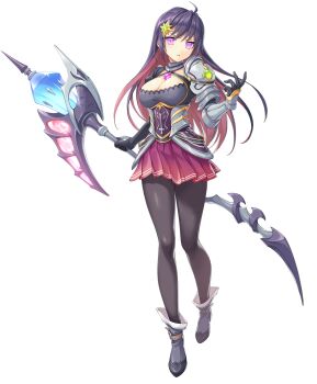 Rule 34 | 1girl, armor, artist request, black gloves, black pantyhose, breasts, cleavage, full body, game cg, gilles de rais (legend clover), gloves, hair ornament, highres, holding, holding scythe, holding weapon, legend clover, long hair, multicolored hair, official art, pantyhose, pink eyes, pink hair, purple hair, scythe, shoulder armor, skirt, solo, star (symbol), star hair ornament, third-party source, transparent background, weapon
