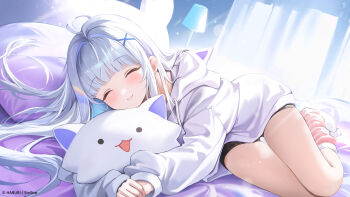 1girl ^_^ ahoge animal_ears animal_hood ayatsuno_yuni bed_sheet black_shorts closed_eyes closed_mouth curtains drawstring facing_viewer fake_animal_ears grey_hair hair_intakes hair_ornament haruri highres hood hood_down hoodie indoors long_hair lying official_art on_side pillow short_shorts shorts smile socks solo stellive striped_clothes striped_socks very_long_hair virtual_youtuber white_hoodie x_hair_ornament