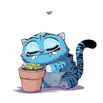 Rule 34 | blue fur, cat, celestra, closed eyes, creature, derpy (kpop demon hunters), fangs, fangs out, full body, gardening, kpop demon hunters, light blush, no humans, plant, potted plant, sitting, smile, striped fur, tiger, white background