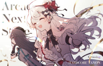 Rule 34 | 2girls, ^ ^, arcaea, black bow, black bowtie, black gloves, black hair, black hat, bow, bow earrings, bowtie, braid, closed eyes, commentary request, contrast collar, crop top, earclip, earrings, elbow gloves, gloves, grey gloves, grey shirt, hair bow, half up braid, hat, hikari (arcaea), jewelry, light blush, light particles, long hair, long sleeves, looking at another, multiple girls, open mouth, profile, puffy short sleeves, puffy sleeves, red bow, shirt, short sleeves, sideways glance, single sleeve, smile, sparkle, straight hair, suzunashi, tairitsu (arcaea), white hair, white hat