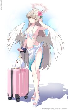 1girl absurdres bikini blue_archive breasts brown_eyes brown_hair cleavage collarbone commentary_request feathered_wings flower groin hair_flower hair_ornament halo high_heel_sandals highres long_hair looking_at_viewer medium_breasts murasame_(sword_of_nmkr) nagisa_(blue_archive) navel peroro_(blue_archive) rolling_suitcase sandals sarong shadow smile solo standing stomach suitcase swimsuit tucking_hair twitter_username very_long_hair white_bikini white_sandals white_wings wings wristband