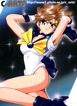 Rule 34 | 1girl, armpits, arms up, artist name, back bow, bad id, bishoujo senshi sailor moon, black eyes, blue bow, blue choker, blue shoes, bow, brown hair, choker, circlet, closed mouth, earrings, gloves, high heels, jewelry, leg up, leotard, maguta, sailor senshi uniform, sailor uranus, shoes, short hair, smile, solo, sparkle, standing, standing on one leg, ten'ou haruka, thighs, watermark, web address, white gloves, white leotard