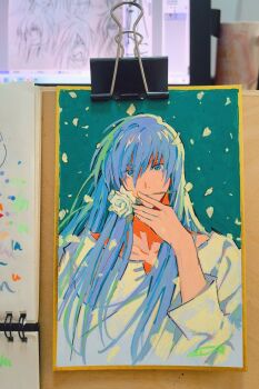 1boy bishounen blue_eyes blue_hair commentary falling_petals flower flower_in_mouth highres lingcod_dayu long_hair looking_at_viewer original petals photo_(medium) rose shirt symbol-only_commentary traditional_media white_flower white_rose white_shirt