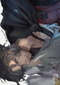 1boy armor beard_stubble black_cloak black_hair clive_rosfield cloak closed_eyes closed_mouth copyright_name facial_hair facial_scar final_fantasy final_fantasy_xvi hair_between_eyes looking_at_viewer male_focus red_vest scar scar_on_cheek scar_on_face short_hair shoulder_armor stubble torgal_(ff16) upper_body vest wolf zerou_pan