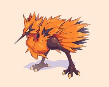 beak bird full_body galarian_form galarian_zapdos gen_8_pokemon highres legendary_pokemon looking_at_viewer nintendo no_humans orange_feathers orisghost pokemon pokemon_(creature) pokemon_focus simple_background solo