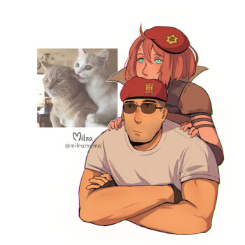 1boy 1girl animal beret black_gloves blue_eyes brown_hair buzz_cut cat closed_mouth commentary courier_(fallout:_new_vegas) craig_boone crossed_arms english_commentary fallout fallout:_new_vegas fingerless_gloves gloves grey_shirt hair_between_eyes hat milramemo noelle_rutherford red_hat reference_inset shirt short_hair short_sleeves signature simple_background sunglasses twitter_username upper_body very_short_hair white_background