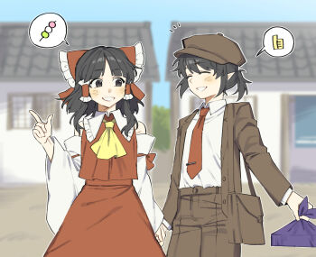 2girls ascot bag black_eyes black_hair blush bow brown_bag brown_hat brown_jacket brown_pants closed_eyes collared_shirt commentary_request dango dating detached_sleeves food frilled_bow frilled_hair_tubes frills grin hair_bow hair_tubes hakurei_reimu hat highres holding_bento holding_hands jacket long_hair long_sleeves multiple_girls necktie no_wings official_alternate_costume open_clothes open_jacket outdoors pants pointy_ears red_bow red_necktie red_skirt sakic43899 sanshoku_dango shameimaru_aya shameimaru_aya_(newsboy) shirt short_hair shoulder_bag skewer skirt skirt_set smile tie_clip touhou wagashi white_shirt wrapped_bento yellow_ascot yuri
