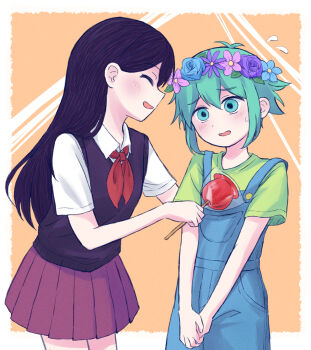 Rule 34 | 1boy, 1girl, basil (headspace) (omori), basil (omori), blue overalls, blush, candy apple, collared shirt, colored skin, commentary request, double-parted bangs, flower, flower wreath, flying sweatdrops, food, green eyes, green hair, green shirt, hair behind ear, hair between eyes, head wreath, highres, holding, holding candy apple, holding food, long hair, looking at another, mari (headspace) (omori), mari (omori), neckerchief, omori, open mouth, overalls, pleated skirt, red neckerchief, red skirt, segue5o, shirt, short hair, short sleeves, sidelocks, skirt, smile, t-shirt, white shirt, white skin