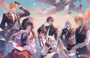 1girl 5boys :d absurdres adjusting_eyewear aircraft airplane alkaid_mcgrath alternate_costume aqua_eyes arm_at_side asymmetrical_sleeves ayn_alwyn beret black_hair black_hat black_jacket black_necktie black_pants black_shirt black_vest blonde_hair blue_eyes blue_hair blue_vest book braid buttons cael_anselm cardigan center_frills chinese_commentary clarence_clayden closed_mouth cloud collared_shirt commentary_request confetti cowboy_shot curtained_hair dawn double-breasted eyewear_on_head falling_petals feet_out_of_frame frills glasses gloves gradient_sky green_eyes group_picture hair_between_eyes hair_ribbon hand_in_pocket hand_up hat heroine_(lovebrush_chronicles) highres holding holding_ticket holding_unworn_clothes holding_unworn_hat holding_unworn_jacket jacket lapel_pin lapels lars_rorschach long_hair long_hair_between_eyes long_sleeves looking_at_viewer loosely_tucked_bangs lovebrush_chronicles medium_hair mismatched_sleeves mole mole_under_eye moon multiple_boys necktie notched_lapels open_book open_cardigan open_clothes open_jacket open_mouth pants parted_bangs parted_lips peaked_cap petals pilot pilot_uniform pinstripe_pattern pinstripe_vest purple_eyes recording red_eyes red_petals red_ribbon red_skirt ribbon rose_petals shiling shirt short_hair shoulder_boards side_braid sideways_glance sitting skirt sky sleeve_garter smile stanchion standing sunglasses ticket tie_clip turtleneck turtleneck_shirt unworn_hat unworn_headwear unworn_jacket very_long_hair vest viewfinder watermark weibo_watermark white_cardigan white_gloves white_hair white_jacket white_necktie white_pants white_shirt wind wolf_cut