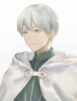 1boy blue_eyes cape closed_mouth fujie_xy hair_between_eyes high_collar highres light_smile looking_ahead male_focus octopath_traveler octopath_traveler_ii simple_background solo temenos_mistral upper_body white_background white_cape white_hair