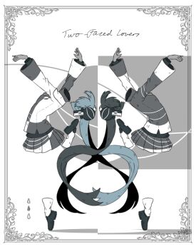 2girls black_footwear black_hair blue_hair commentary_request full_body grey_shirt grey_skirt hatsune_miku highres invisible kuiruri long_hair long_sleeves multiple_girls pleated_skirt shirt skirt socks song_name twintails two-tone_shirt two-tone_skirt ura-omote_lovers_(vocaloid) very_long_hair vocaloid white_shirt white_skirt white_socks