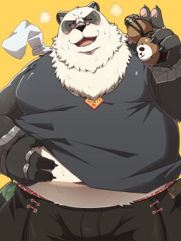 1boy animal_ears bara belly black_pants black_tank_top bracelet claws closed_eyes commentary_request emu_426 facing_viewer fat fat_man furry furry_male gourd hand_on_own_stomach highres holding holding_gourd jewelry male_focus multiple_rings open_mouth pan_yinhu panda_boy panda_ears pants pawpads ring round_eyewear smile spiked_bracelet spikes sweat tank_top v very_sweaty yellow_background zenless_zone_zero