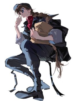 Rule 34 | 1boy, adjusting eyewear, arm up, atie1225, bag, baseball cap, black boots, black hat, black jacket, black pants, blue eyes, boots, braid, brown hair, collared jacket, commentary, duo maxwell, from side, gundam, gundam wing, hat, high collar, highres, holding, holding bag, jacket, long hair, looking to the side, male focus, pants, paper bag, red shirt, shirt, simple background, single braid, sitting, sleeves rolled up, solo, sunglasses, symbol-only commentary, very long hair, white background