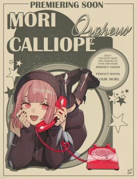 1girl antique_phone beanie black_boots black_hat black_jacket black_nails black_pants boots commentary english_commentary hair_ribbon hand_on_own_face hat highres holding holding_phone hololive hololive_english jacket lying mori_calliope nail_polish ninochuu on_stomach open_mouth pants phone pink_eyes pink_hair ribbon rotary_phone short_hair smile solo the_pose