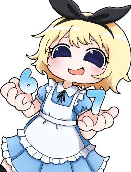 1girl 67_(meme) alice_(black_souls) apron black_ribbon black_souls black_thighhighs blonde_hair blue_eyes collared_shirt dress frilled_apron frilled_dress frills furrowed_brow hair_ribbon highres holding iammetal02 looking_at_viewer open_mouth ribbon shirt short_hair short_sleeves smile smug standing thighhighs white_background