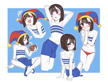 1girl alternate_costume blue_eyes brown_hair gloves hat highres jester jester_cap multicolored_eyes pomni_(the_amazing_digital_circus) red_eyes the_amazing_digital_circus two-tone_eyes vibrantrida