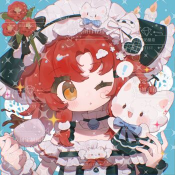 ! 1girl bai_xiong_nailaojuan black_choker black_headscarf blue_background blue_bow blue_bowtie blush bow bowtie choker cup frilled_choker frills headscarf highres holding holding_cup long_hair looking_at_viewer one_eye_closed open_mouth original parted_bangs portrait red_hair shirt solo sparkle spoken_exclamation_mark watermark white_shirt yellow_eyes