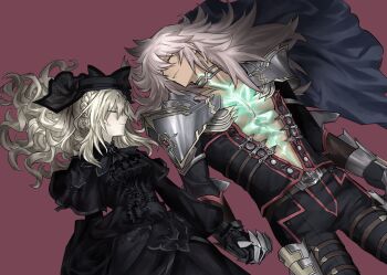 Rule 34 | 1boy, 1girl, armor, ascot, belt, belt buckle, black ascot, black capelet, black dress, black flower, black gloves, black hat, black pants, black rose, black shirt, black veil, blue cape, braid, brooch, brown belt, buckle, cape, capelet, chest tattoo, closed eyes, closed mouth, commentary, couple, crown braid, dark-skinned male, dark skin, dress, ear piercing, fate/grand order, fate (series), flower, gauntlets, gloves, glowing, glowing tattoo, grey hair, hair between eyes, hair flower, hair ornament, hat, hetero, highres, holding hands, husband and wife, interlocked fingers, jewelry, kriemhild (fate), kriemhild (first ascension) (fate), light smile, long hair, long sleeves, lying, on back, pants, pauldrons, piercing, ponytail, puffy long sleeves, puffy sleeves, purple background, rose, seiniku (10henbo9), shirt, shoulder armor, siegfried (fate), simple background, tattoo, toned, toned male, twitter username, veil