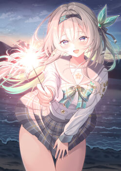 1girl :d aqua_bow beach black_headband black_ribbon blush bow breasts cloud cloudy_sky commentary_request cowboy_shot firefly_(honkai:_star_rail) firefly_(spring_missive)_(honkai:_star_rail) gradient_hair grey_hair grey_sailor_collar grey_skirt hair_between_eyes hair_bow hair_intakes headband highres holding holding_fireworks honkai:_star_rail honkai_(series) long_hair long_sleeves medium_breasts multicolored_eyes multicolored_hair ocean open_mouth outdoors plaid_clothes plaid_skirt purple_eyes ribbon sailor_collar school_uniform serafuku shirakawako shirt skirt skirt_tug sky smile solo sparkle twitter_username two-tone_eyes white_shirt yellow_eyes