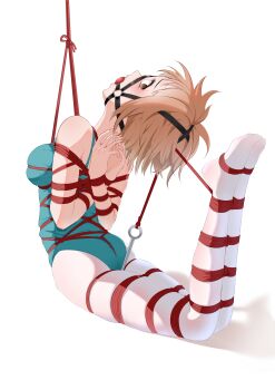 1girl absurdres ahoge anal anal_hook anal_object_insertion aqua_leotard arms_behind_back arms_up ass ball_gag ballerina ballerina_position ballerina_shoes bare_shoulders bdsm between_breasts between_buttocks between_legs between_thighs blush bondage bound bound_arms bound_breasts bound_legs bound_torso breasts brown_eyes brown_hair crotch_rope crying crying_with_eyes_open embarrassed feet_up female_focus full_body gag gagged green_leotard hair_between_eyes highres hogtie kidnapped kidnapping kinbaku large_breasts legs legs_together leotard looking_ahead looking_at_viewer looking_back medium_hair messy_hair object_insertion original pantyhose perky_breasts predicament_bondage red_rope rope shibari shibari_over_clothes simple_background skin_tight skindentation solo struggling sweat sweatdrop tearing_up tears thighs tocita white_background white_pantyhose