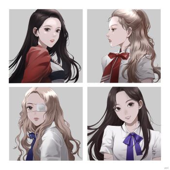 4girls blonde_hair choerry commentary commentary_request eyeliner eyepatch eyeshadow hair_behind_ear half_updo heejin_(loona) highres jinsoul k-pop kim_lip korean_commentary long_hair loona_(group) makeup mascara multiple_girls neck_ribbon parted_lips real_life ribbon shirt smile white_shirt yori_(yooo_ri)