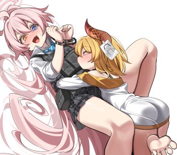 2girls absurdres ahoge ammunition_pouch artist_request ass barefoot black_skirt blonde_hair blue_archive blue_eyes blue_necktie blush bound bound_wrists bulletproof_vest collared_shirt commentary_request commission cuffed cuffs doodle_sensei_(blue_archive) dress feet female_pervert female_sensei_(blue_archive) gold_trim hair_between_eyes hair_flaps halo handcuffs heterochromia highres horns hoshino_(armed)_(blue_archive) hoshino_(blue_archive) hug korean_commentary long_hair long_sleeves looking_at_another lying mase_(hwangabi) medium_hair multiple_girls necktie nervous nose_blush off-shoulder_dress off_shoulder on_back original paper_on_head pervert pink_hair pink_halo plaid_clothes plaid_skirt ponytail pouch red_horns school_uniform second-party_source sensei_(blue_archive) shirt skirt sweatdrop tactical_school_uniform taut_clothes taut_dress white_background white_dress white_shirt wing_collar yellow_eyes