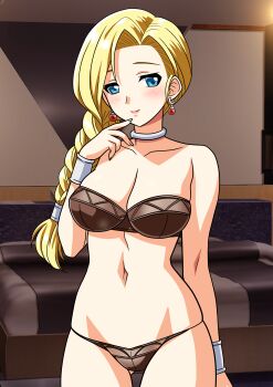 1girl absurdres bare_shoulders bed bianca_(dq5) black_bra black_panties blonde_hair blue_eyes blush bra bracelet braid choker collarbone dragon_quest dragon_quest_v earrings finger_to_mouth highres jewelry long_hair looking_at_viewer navel panties sexy_underwear_(dq) single_braid solo strapless strapless_bra underwear yuuyuu_(3jjbn)