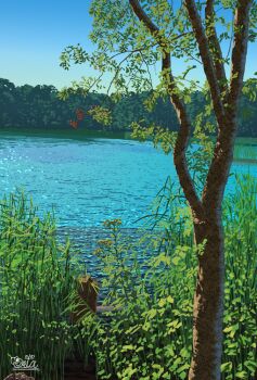 blue_sky commentary_request day fukushima_prefecture grass lake no_humans original outdoors real_world_location scenery signature sky suupii tree