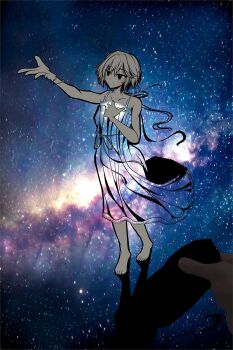 Rule 34 | 1girl, anastasia (idolmaster), barefoot, blue eyes, commentary request, dress, hand on own chest, highres, idolmaster, kirigami (medium), kotetsu of, night, outstretched arm, papercraft (medium), photo (medium), shadow, short hair, sky, sleeveless, sleeveless dress, star (sky), starry sky, unconventional media, white hair