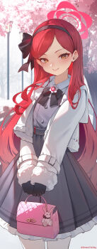 1girl :> absurdres artist_name bag black_dress black_gloves black_hairband blue_archive blush bow cherry_blossoms commentary cowboy_shot dated_commentary dreamtokitty dress fence frilled_dress frilled_skirt frills fur-trimmed_jacket fur_trim gloves hair_bow hairband halo highres holding holding_bag jacket lamppost long_hair looking_at_viewer pantyhose pink_halo pleated_skirt red_hair skirt solo stuffed_animal stuffed_rabbit stuffed_toy takane_(blue_archive) white_jacket white_pantyhose yellow_eyes