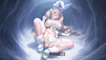 1girl absurdres animal_ear_hairband animal_ears arm_support bare_shoulders blue_eyes blush bow breasts brown_dust_(series) brown_dust_2 commentary convenient_censoring detached_sleeves fake_animal_ears full_body fur_collar fur_leg_warmers green_ribbon hair_between_eyes hair_ornament hairband highleg highleg_leotard highres indoors knee_up large_breasts leg_warmers leotard long_hair looking_at_viewer navel nose_blush official_alternate_costume official_art official_wallpaper one_eye_closed open_mouth playboy_bunny pom_pom_(clothes) pom_pom_hair_ornament rabbit_ear_hairband rabbit_ears rabbit_hair_ornament ribbed_sleeves ribbon shadow shoes sidelocks sitting skindentation snow snow_on_body solo strapless strapless_leotard thigh_strap twintails tyr_(brown_dust) wardrobe_malfunction white_bow white_leotard white_shoes white_sleeves