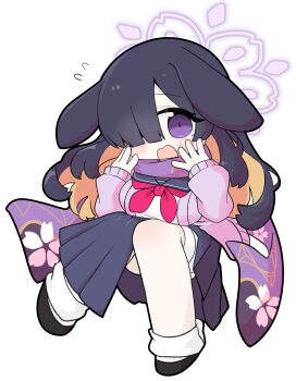 1girl animal_ears bandaged_leg bandages black_hair black_sailor_collar black_shoes black_skirt blue_archive blush_stickers breasts brown_hair cardigan chibi floppy_ears flying_sweatdrops full_body hair_over_one_eye halo large_breasts long_hair long_sleeves looking_at_viewer loose_socks miranofuudoria multicolored_hair neckerchief open_cardigan open_clothes open_mouth pink_cardigan pleated_skirt puffy_long_sleeves puffy_sleeves purple_eyes rabbit_ears red_neckerchief sailor_collar school_uniform serafuku shirt shoes simple_background skirt sleeves_past_wrists socks solo tsukuyo_(blue_archive) two-tone_hair very_long_hair wavy_mouth white_background white_shirt white_socks