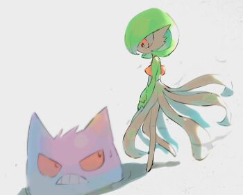 1girl backlighting colored_sclera colored_skin eye_contact flat_chest from_side gardevoir gen_1_pokemon gen_3_pokemon gengar green_skin highres intangible jari_(jje11y12) looking_at_another looking_down looking_to_the_side looking_up multicolored_skin nintendo no_feet own_hands_together pokemon pokemon_(creature) pokemon_mystery_dungeon pokemon_mystery_dungeon:_red/blue_rescue_team profile red_eyes red_sclera standing standing_on_one_leg sweat teeth through_ground two-tone_skin white_skin