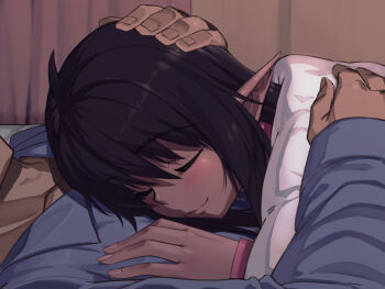 ! 1boy 1girl black_hair blush closed_eyes commentary_request dark-skinned_female dark_skin elf father_and_daughter hand_on_another's_head hug nyamota original pajamas pointy_ears sleeping smile