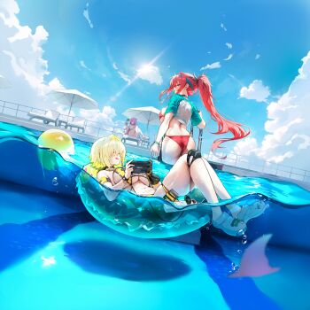 Rule 34 | 3girls, :p, ahoge, aqua hairband, ass, asymmetrical pasties, ball, beach umbrella, beachball, bikini, blonde hair, blurry, breasts, choker, cleavage, climbing ladder, clothes lift, clothing cutout, cloud, crocs, curvy, day, depth of field, dorothy (nikke), dorothy (serendipity) (nikke), elegg (boom and shock) (nikke), elegg (nikke), flower-shaped hair, game cg, game controller nipples (meme), game controller print, goddess of victory: nikke, hair intakes, hair over eyes, hairband, handheld game console, highres, huge ass, huge breasts, large breasts, lens flare, long hair, meme, multiple girls, navel, non-web source, official alternate costume, official alternate design, official art, one-piece swimsuit, outdoors, partially underwater shot, pink hair, ponytail, pool ladder, rapi (nikke), rapi (red hood) (nikke), rapi (red hood) (red flavor) (nikke), red bikini, red eyes, red hair, see-through slingshot swimsuit, shiny skin, shirt, shirt lift, short hair, sidelocks, skindentation, slingshot swimsuit, smile, spoilers, swimsuit, thighs, thong, thong bikini, tongue, tongue out, umbrella, wet, wide hips, yellow one-piece swimsuit, yellow slingshot swimsuit, yellow swimsuit