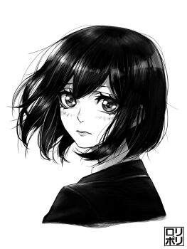 1girl absurdres blush bob_cut closed_mouth expressionless eyelashes greyscale hair_between_eyes highres jamrolypoly koi_to_uso looking_at_viewer looking_back monochrome portrait short_hair signature simple_background solo takasaki_misaki_(koi_to_uso) white_background