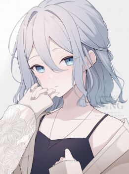 1girl black_camisole blue_eyes camisole closed_mouth collarbone commentary_request flat_chest floral_print grey_background grey_hair grey_nails hair_between_eyes half_updo hands_up highres jacket jewelry light_blush long_bangs long_sleeves looking_at_viewer nail_polish necklace official_alternate_costume official_alternate_hair_length official_alternate_hairstyle open_clothes open_jacket project_sekai see-through_clothes see-through_sleeves short_hair sidelocks simple_background sleeves_past_wrists solo spaghetti_strap umemori_mai upper_body watermark yoisaki_kanade zozotown