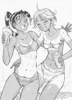 2girls abs absurdres bikini bikini_tan blush breasts cleavage closed_eyes collarbone commentary_request cup denkouzii0556 disposable_cup drink drinking_straw dripping eyelashes fingernails food greyscale highres holding holding_cup holding_drink holding_food holding_ice_cream holding_ice_cream_cone ice_cream ice_cream_cone long_hair monochrome multiple_girls navel one-piece_tan open_mouth original short_hair smile stomach sweat swimsuit tan tanline teeth toned toned_female upper_teeth_only