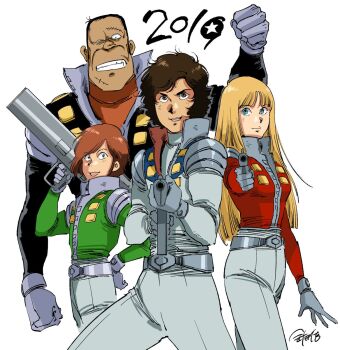 1girl 2019 3boys aiming aiming_at_viewer alfin belt black_hair blonde_hair brown_hair closed_mouth crusher_joe gloves gun highres holding holding_gun holding_weapon jacket joe_(crusher_joe) long_hair looking_at_viewer multiple_boys open_mouth retro_artstyle ricky_(crusher_joe) scar simple_background smile talos_(crusher_joe) vest weapon white_background zigharii