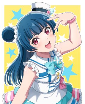 1girl :d bare_shoulders blue_skirt blush border breasts collared_shirt commentary frilled_shirt frilled_skirt frills hair_bun hat looking_at_viewer love_live! love_live!_sunshine!! miniskirt open_mouth outline outside_border pink_eyes pink_skirt shirt single_side_bun skirt sleeveless sleeveless_shirt small_breasts smile solo star_(symbol) star_symbol_background symbol-only_commentary teeth tilted_headwear tsushima_yoshiko upper_teeth_only v v-shaped_eyebrows v_over_eye vorupi white_border white_hat white_outline white_shirt yellow_background