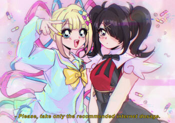 1990s_(style) 2girls :d ame-chan_(needy_girl_overdose) arm_up black_eyes black_hair blonde_hair blue_eyes blue_hair blue_serafuku blunt_bangs bow breasts caption chest_bow chouzetsusaikawa_tenshi-chan colored_tips distortion dual_persona english_text facing_another glitch hair_bow hair_ornament hair_over_one_eye highres looking_at_viewer multicolored_hair multicolored_nails multiple_girls multiple_hair_bows neck_ribbon needy_girl_overdose open_mouth oritani pill pink_hair quad_tails red_shirt retro_artstyle ribbon saturated school_uniform serafuku shirt short_twintails sidelocks skirt smile sparkling_eyes suspender_skirt suspenders twintails v winged_sleeves x_hair_ornament