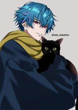 Rule 34 | 1boy, alternate costume, animal, black cat, blue hair, blue sweater, brant (wuthering waves), cat, commentary, earrings, from side, grey background, hair between eyes, highres, holding, holding animal, jewelry, long sleeves, looking at viewer, looking to the side, male focus, multicolored hair, parted lips, pink eyes, sae naiyatsu, scarf, short hair, simple background, smile, solo, streaked hair, sweater, twitter username, upper body, wuthering waves, yellow scarf