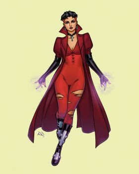 1girl ankh_earrings ankh_necklace avengers_(series) black_boots black_gloves black_hair black_nails blue_eyes bodysuit boots breasts cleavage collarbone commentary earrings english_commentary eyeshadow fingerless_gloves full_body gloves goth_fashion highres jacket jewelry juliet_sleeves long_sleeves magic makeup marvel medium_breasts multicolored_hair multiple_piercings official_alternate_design parted_lips puffy_sleeves red_bodysuit red_eyeshadow red_hair red_jacket red_lips ring russell_dauterman scarlet_witch short_hair solo torn_bodysuit torn_clothes wanda_maximoff western_comics_(style) yellow_background