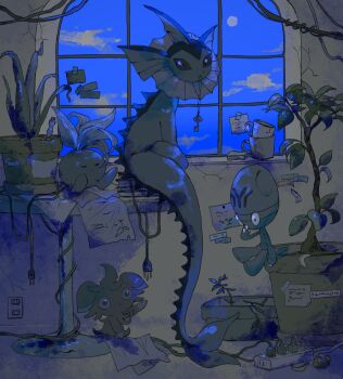 1other backlighting blue_sky cable closed_eyes cloud crack cracked_wall electrical_outlet elgyem espurr from_behind full_body gen_1_pokemon gen_5_pokemon gen_6_pokemon hand_up highres indoors jewelry key key_necklace leaf looking_at_viewer looking_back mouth_hold naqna necklace nintendo note oddish on_table open_mouth paper plant plug pokemon pokemon_(creature) potted_plant power_strip sitting sky sleeping table tape u_u unworn_jewelry unworn_necklace vaporeon window