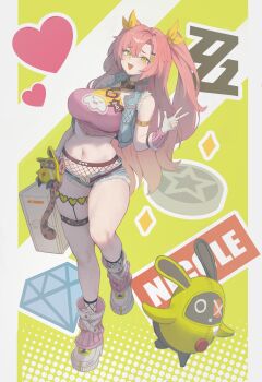 1girl absurdres amillion_(zenless_zone_zero) bad_id bad_pixiv_id bangboo_(zenless_zone_zero) breasts character_name coin commentary crop_top crunchy_(namtaehyeon1234) denim denim_shorts fang fingerless_gloves fishnet_socks fishnets full_body gloves green_eyes hair_ribbon heart highres large_breasts leg_warmers long_hair micro_shorts midriff mole mole_under_eye nicole_demara nicole_demara_(cunning_cutie) official_alternate_costume open_mouth pink_hair pink_leg_warmers ribbon shoes shorts simple_background skin_fang socks thigh_strap two_side_up w white_shoes yellow_ribbon zenless_zone_zero